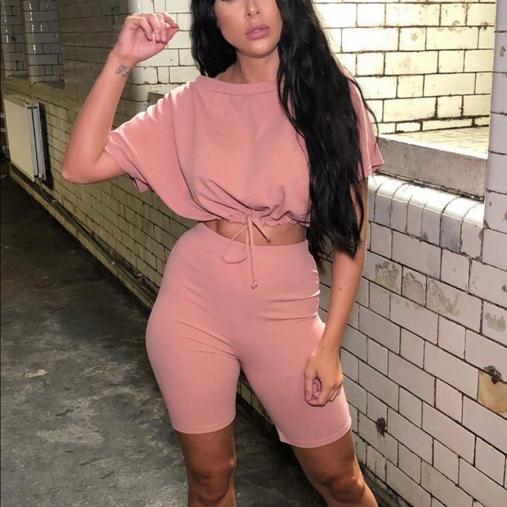 Pink crop top and cycling shorts set